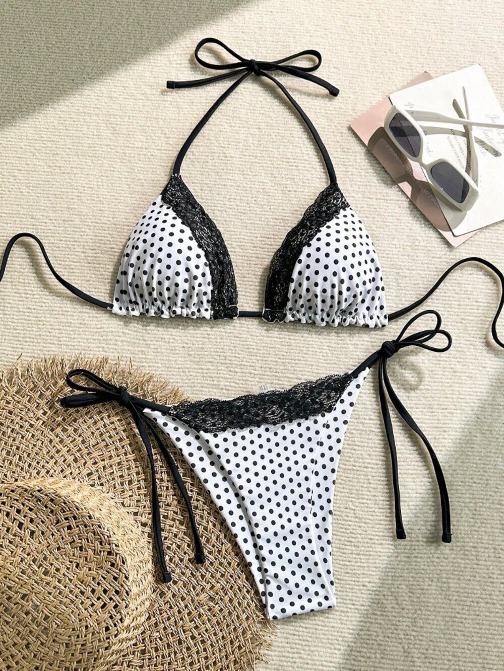Black And White Sexy Women's Beach Lace Polka Dot Halter Tie Bikini Suit Set